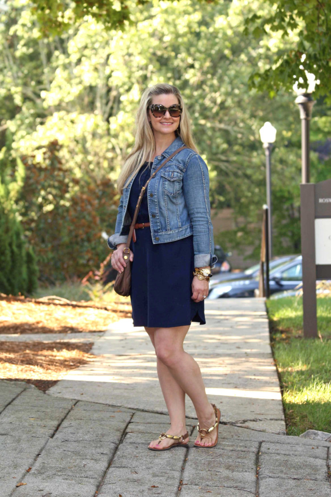 navy blue dress with denim jacket