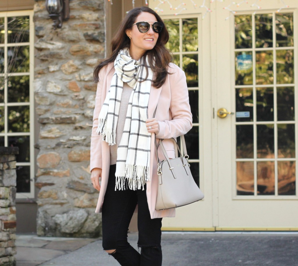 Brunch outfit via Peaches In A Pod Blog.  Pink sweater, pink coat, plaid scar, black distressed denim, nuetral handbag and nude heels.