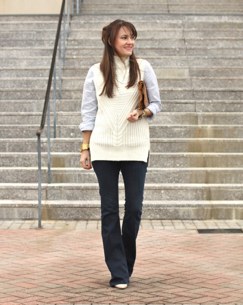 Transitioning into spring with a layered sleeveless sweater and flare jeans on Peaches In A Pod blog. 