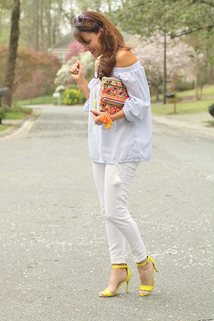 Women's Spring fashion on Peaches In A Pod blog. Off the shoulder blouse style and bright accessories.