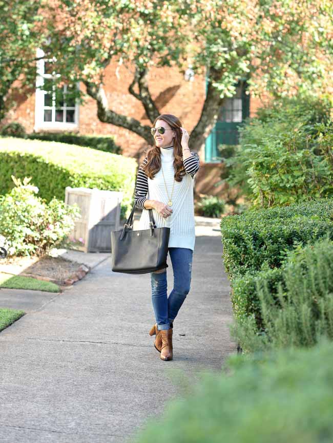 Sleeveless sweater style, distressed denim, ankle booties and tote via Peaches In A Pod blog.