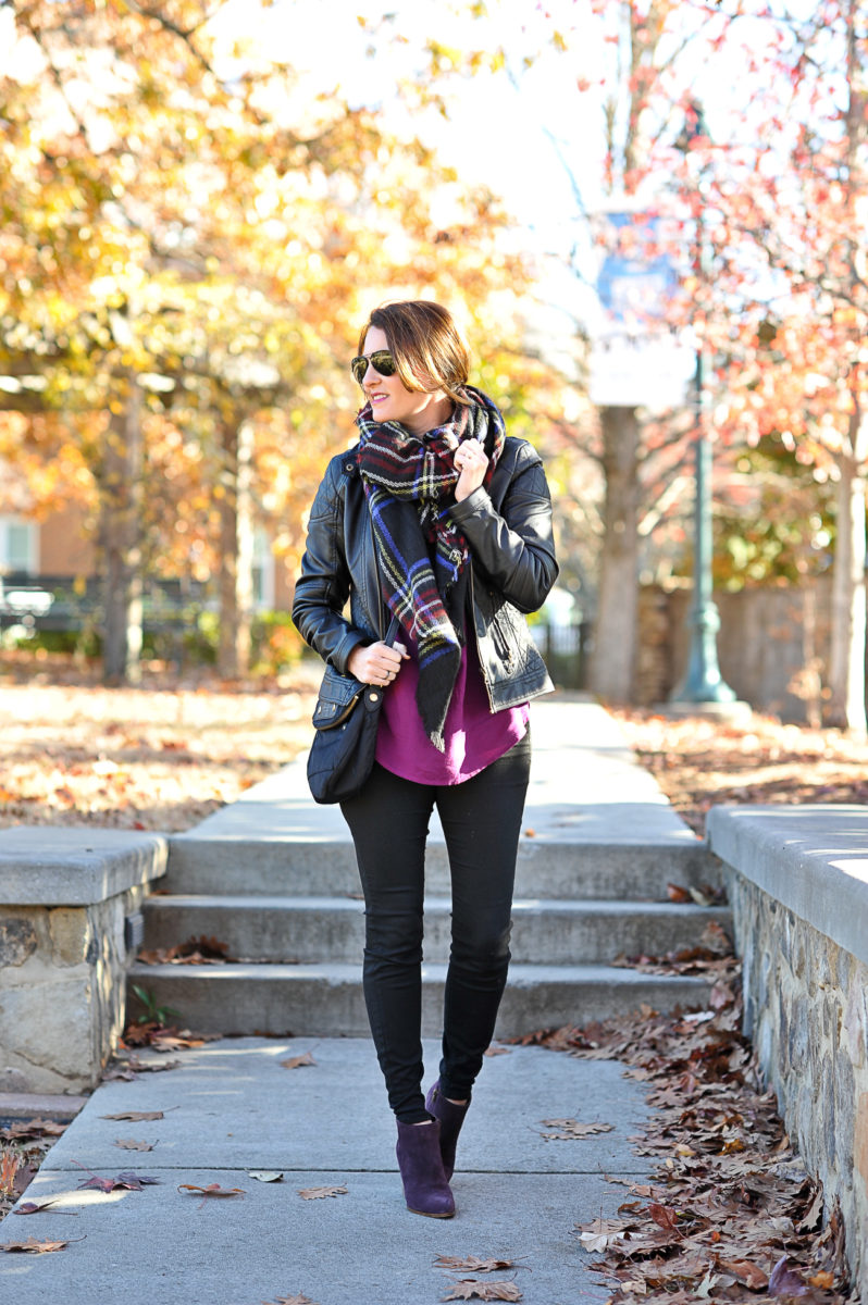 Leather jacket outfit idea styled by Peaches In A Pod blog.  When you want to stay warm and still look stylish this winter.