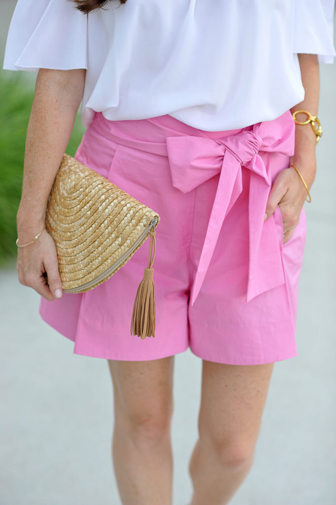 Pink tie waist shorts for women via Peaches In A Pod blog.